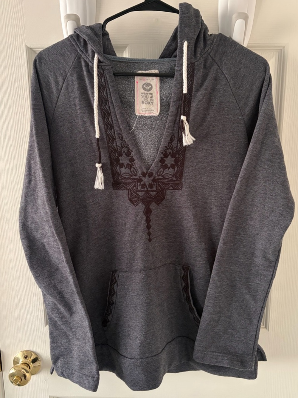 Roxy Dark Gray Hooded Pullover with Subtle Embroidered Tag Detail